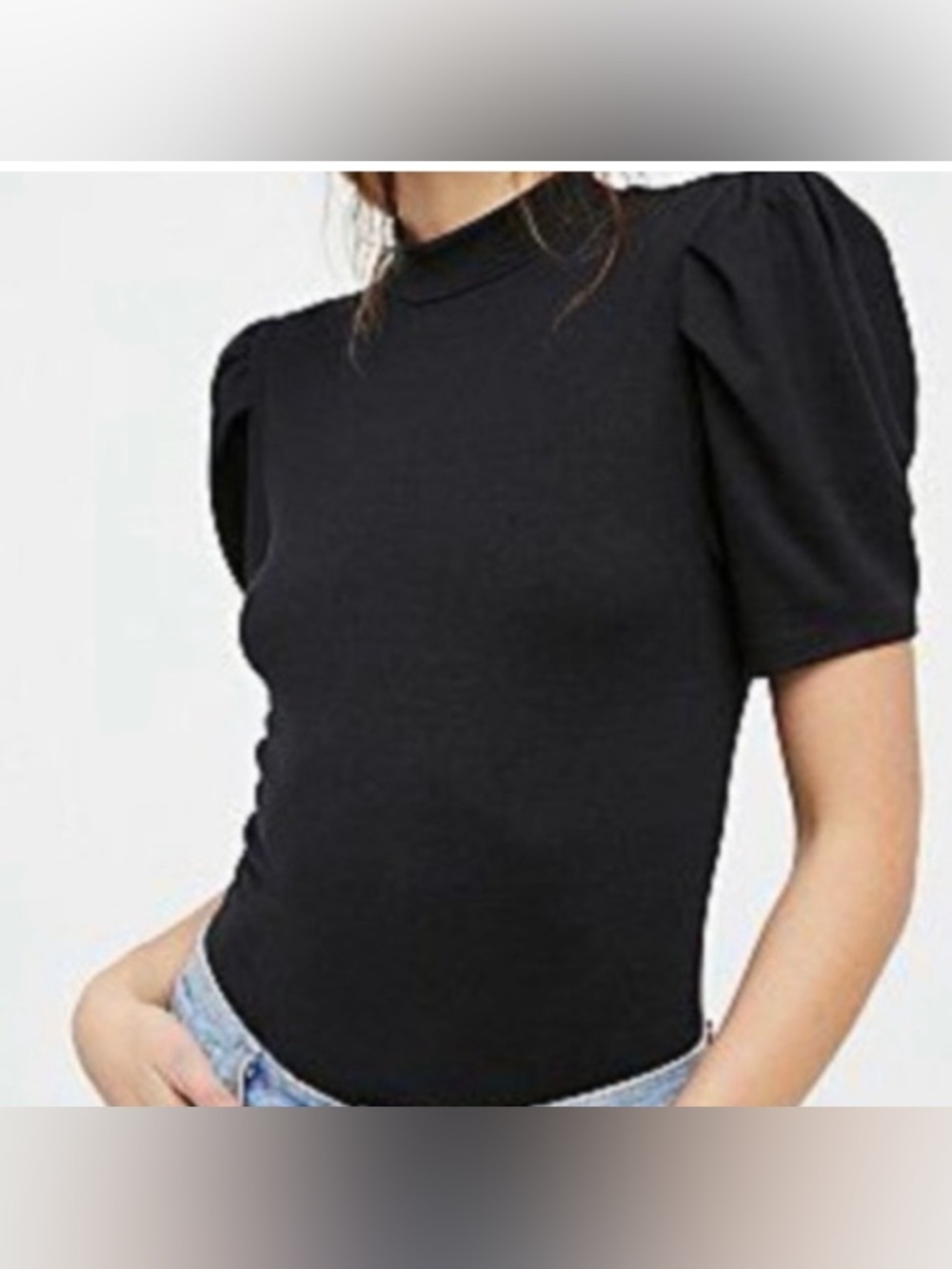 Free People Black Puff Sleeve Mock Neck Top with Back Zip Small